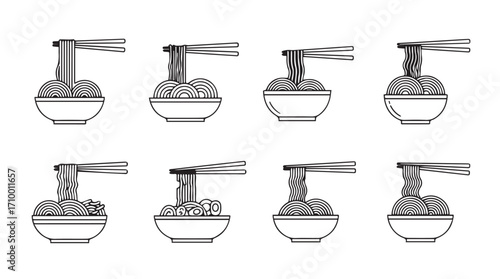 Collection of eight hand-drawn noodles in bowls lifted with chopsticks iconic food symbols silhouette