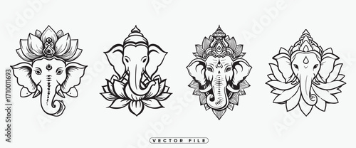 Four distinct ornate depictions of ganesha heads in black and white