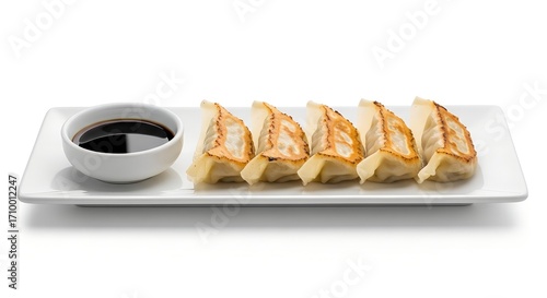 japanese gyoza dumplings on white platter on white background 