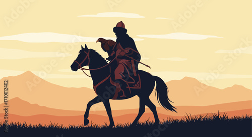 A lone warrior on horseback riding through a vast landscape at sunset, showcasing strength and adventure against a scenic mountain backdrop for historical narratives