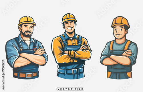 Three construction workers in hard hats smiling and arms crossed