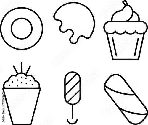 Six simple black line icons of food and sweets on white dessert ice cream