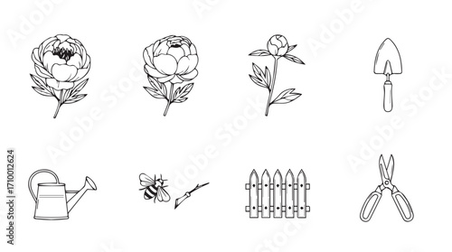 Vintage sketch icons of garden tools and flowers for organic farming and floral design projects silhouette