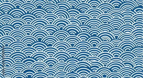 A seamless repeating pattern of stylized ocean waves in a blue and white color scheme for textile design, nautical themes, and serene backgrounds