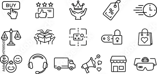 Set of ecommerce and online shopping icons, including buy button, rating, crown, tag, speed, scales, gift, wallet, lock, shopping bag, smiley faces, headset, truck, megaphone, store