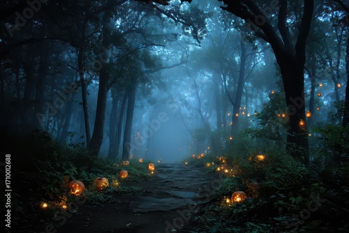 Foggy forest path illuminated by glowing pumpkins creates an enchanting atmosphere perfect for Halloween celebrations and spooky adventures
