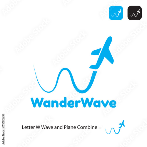 Letter w wave and plane combine Wander wave Travel Blog & Tour Company. Inspiring young travelers to explore the world.