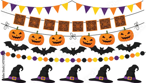 Festive Halloween decorations with pumpkins, bats, and witch hats create a spooky and playful scene.