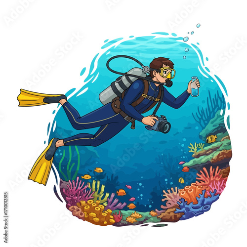 Illustration of a scuba diver exploring a vibrant coral reef, examining water samples and capturing underwater life with a camera for marine conservation efforts