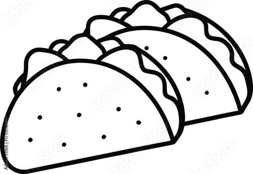 Two black line art tacos with polka dot shells and wavy filling food mexican food