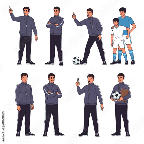 A collection of soccer coach illustrations featuring various poses, coaching positions, and interactions with players for sports instruction and training materials