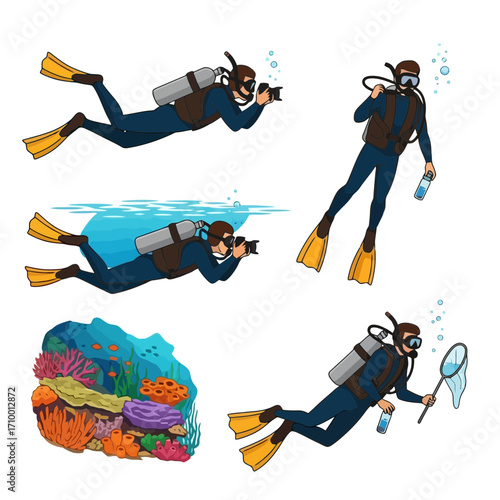 A collection of scuba diver illustrations showing underwater activities like exploration, photography, conservation, and marine life observation for educational resources