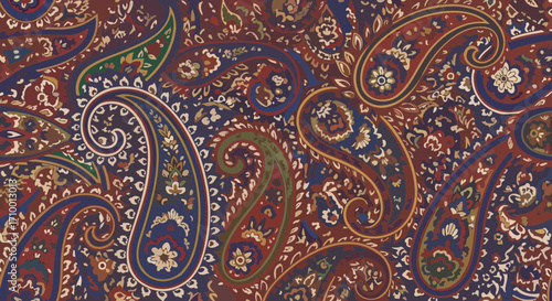 Intricate paisley pattern design in warm autumnal colors including red, brown, gold, green, and blue for textile, wallpaper, and fashion design projects