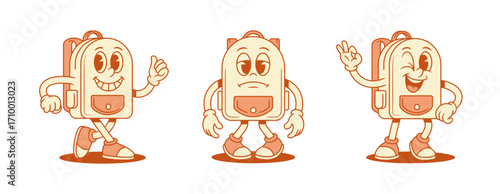 Cheerful smiling tired schoolbag backpack cartoon character set isometric vector illustration. Happy cute school bag for pupil minimalist mascot walking upset unhappy sad ok okay good gesture