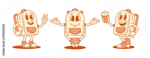 Comic smiling schoolbag backpack cartoon character set isometric vector illustration. Happy positive school bag minimalist mascot peace greeting yoga lotus meditation ice cream summer dessert