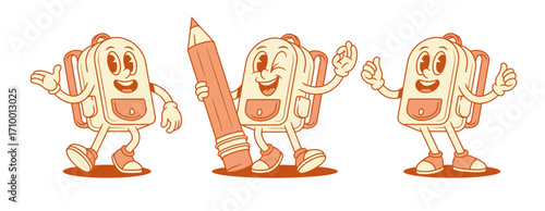 Adorable comic schoolbag backpack cartoon character set isometric vector illustration. Smiling funny school bag for pupil minimalist mascot greeting welcome ok okay thumb up with pencil