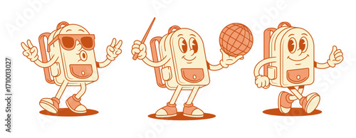 Cool funky schoolbag backpack cartoon character set isometric vector illustration. Smiling funny school bag minimalist mascot in sunglasses walking relaxing geography globe studying lesson