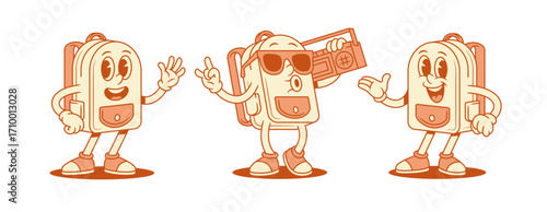 Funky cool schoolbag backpack cartoon character set isometric vector illustration. Smiling cheerful school bag pupil education hi hello greeting welcome presenting in sunglasses music player