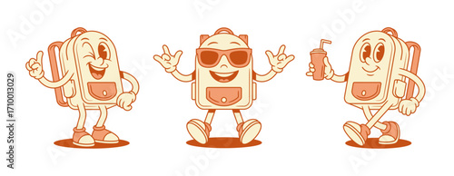 Cool funky schoolbag backpack cartoon character set isometric vector illustration. Smiling positive school bag for pupil minimalist mascot in sunglasses innovation idea attention soda drink
