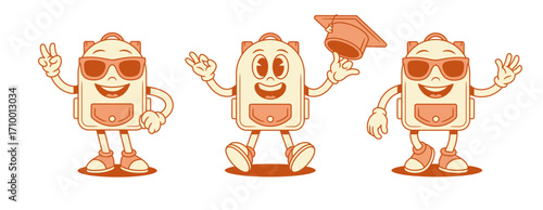 Smiling cool schoolbag backpack cartoon character set isometric vector illustration. Happy positive school bag pupil education minimalist mascot greeting in sunglasses graduation cap studying