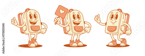 Happy positive schoolbag backpack cartoon character set isometric vector illustration. Smiling comic school bag pupil education minimalist mascot thumb up like love heart signboard