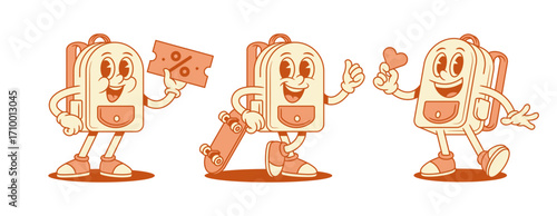 Cute smiling schoolbag backpack cartoon character set isometric vector illustration. Happy adorable school bag for pupil learning mascot shopping sale discount skateboard heart love like