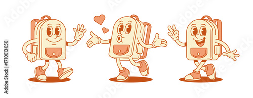 Cute cheerful schoolbag backpack cartoon character set isometric vector illustration. Smiling comic school bag pupil education minimalist mascot hi hello welcome greeting heart love like