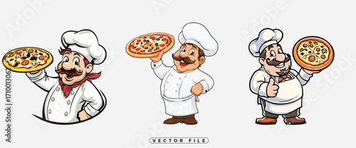 Cartoon chefs cheerfully presenting delicious pizzas with joyful expressions