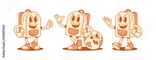 Smiling cheerful schoolbag backpack cartoon character set isometric vector illustration. Happy positive school bag pupil education minimalist mascot hi hello greeting welcome globe geography studying