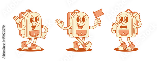 Funny cheerful schoolbag backpack cartoon character set isometric vector illustration. Smiling cute school bag pupil education minimalist mascot hi hello greeting scared walking with flag