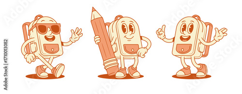 Cool funny schoolbag backpack cartoon character set isometric vector illustration. Smiling positive school bag for pupil minimalist mascot hi greeting in sunglasses with pencil idea smart attention