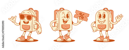 Funky cool schoolbag backpack cartoon character set isometric vector illustration. Smiling positive school bag pupil education minimalist mascot in sunglasses ok okay shopping sale discount