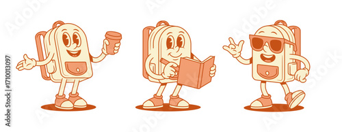 Cool comic schoolbag backpack cartoon character set isometric vector illustration. Funny positive school bag pupil education minimalist mascot in sunglasses with coffee writing notes studying