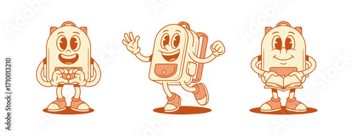 Cheerful funky schoolbag backpack cartoon character set isometric vector illustration. Smiling cute school bag pupil studying minimalist mascot showing heart love greeting reading book