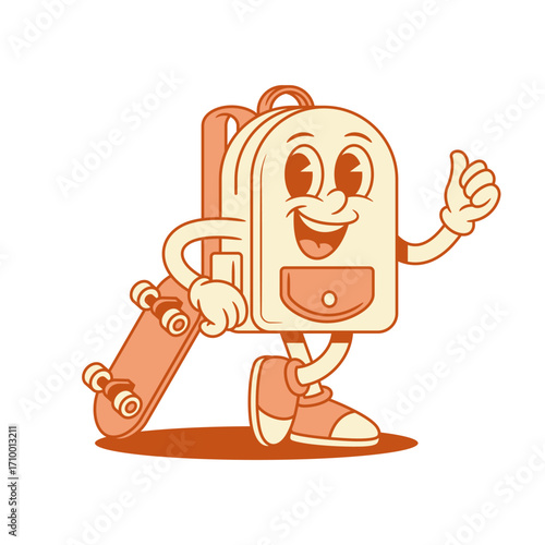 Funny schoolbag backpack cartoon character with skateboard isometric vector illustration. Smiling cheerful school bag pupil education minimalist mascot hipster parkour teenager summer sport