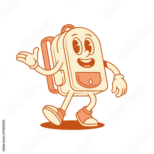 Happy cheerful schoolbag backpack cartoon character hi hello isometric vector illustration. Smiling positive school bag pupil education studying minimalist mascot welcome greeting waving hand