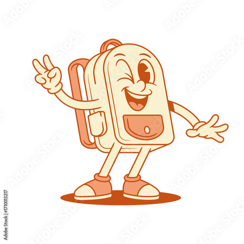 Funny winked schoolbag backpack cartoon character isometric vector illustration. Happy cheerful school bag pupil studying education minimalist mascot peace greeting hi hello gesture