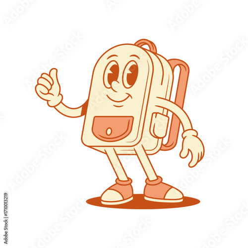 Comic smiling schoolbag backpack cartoon character thumb up isometric vector illustration. Happy cute positive school bag pupil education minimalist mascot cool good recommend gesture