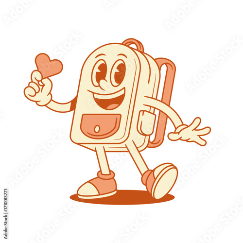 Cheerful schoolbag backpack cartoon character with heart isometric vector illustration. Smiling funny school bag pupil study education minimalist mascot enamored amor love like Saint Valentine's Day