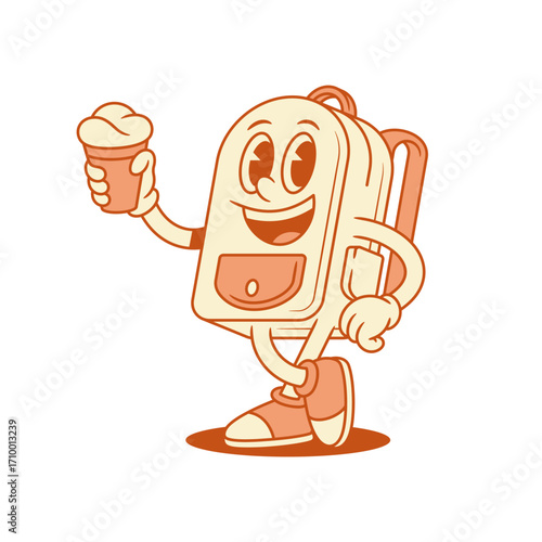 Funny happy schoolbag backpack cartoon character with ice cream isometric vector illustration. Smiling cheerful school bag pupil education minimalist mascot eating refreshment summer creamy dessert