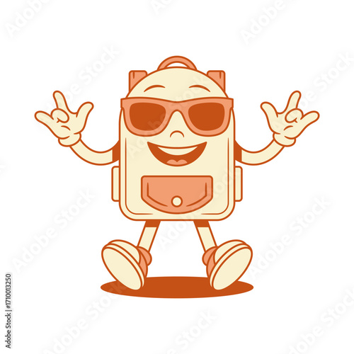 Cool schoolbag backpack cartoon character in sunglasses isometric vector illustration. Funky smiling school bag pupil studying education minimalist mascot in summer eyeglasses rock gesture
