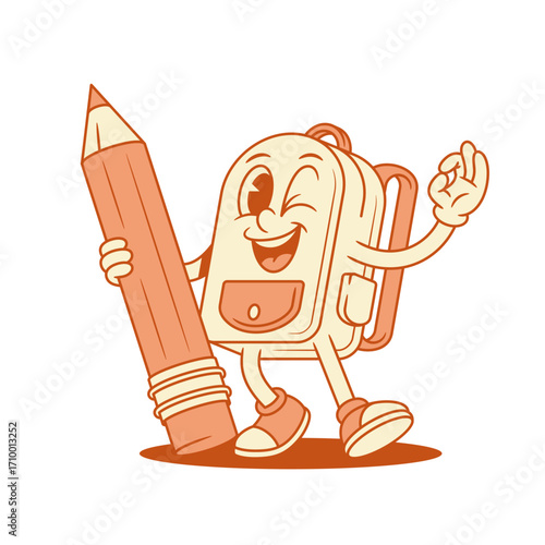 Funny tiny schoolbag backpack cartoon character with pencil isometric vector illustration. Smiling cheerful comic school bag pupil education studying minimalist mascot with stationery drawing writing