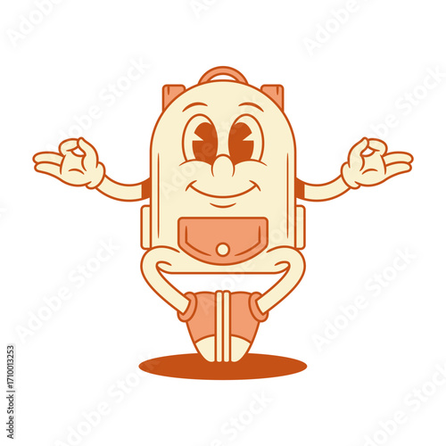 Smiling schoolbag backpack cartoon character yoga meditation isometric vector illustration. Happy cheerful positive school bag education minimalist mascot lotus namaste relax life balance mindfulness