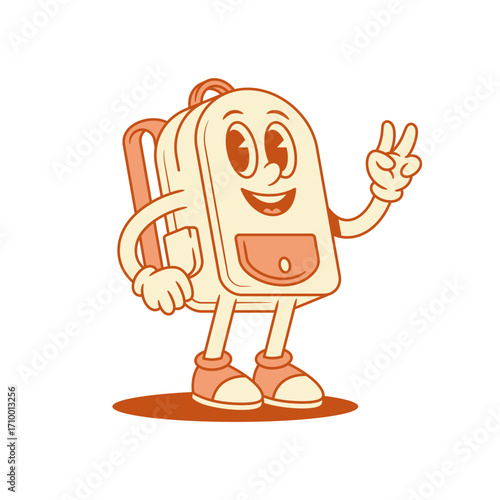 Cheerful cute schoolbag backpack cartoon character peace gesture isometric vector illustration. Smiling happy school bag pupil studying education minimalist mascot hi hello greeting welcome