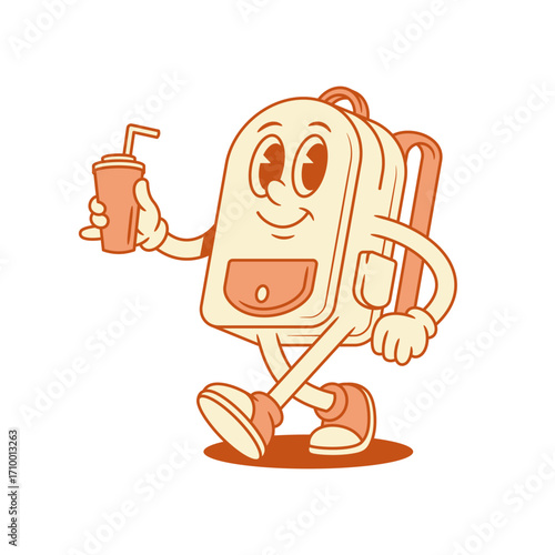 Cheerful schoolbag backpack cartoon character with soda drink isometric vector illustration. Smiling funky school bag pupil studying education minimalist mascot walking with juice summer beverage