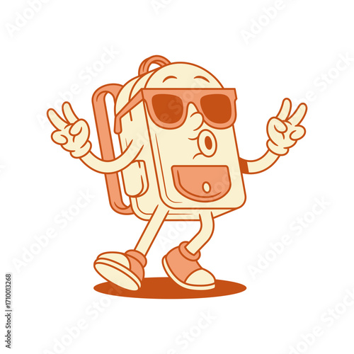 Funky cool schoolbag backpack cartoon character in sunglasses isometric vector illustration. Cheerful comic school bag pupil education minimalist mascot peace gesture whistling in summer eyeglasses