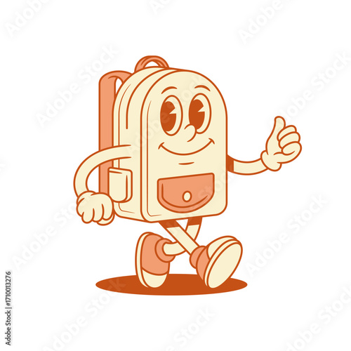 Funky cute schoolbag backpack cartoon character walking isometric vector illustration. Smiling comic cheerful school bag pupil studying education minimalist mascot going positive emotion