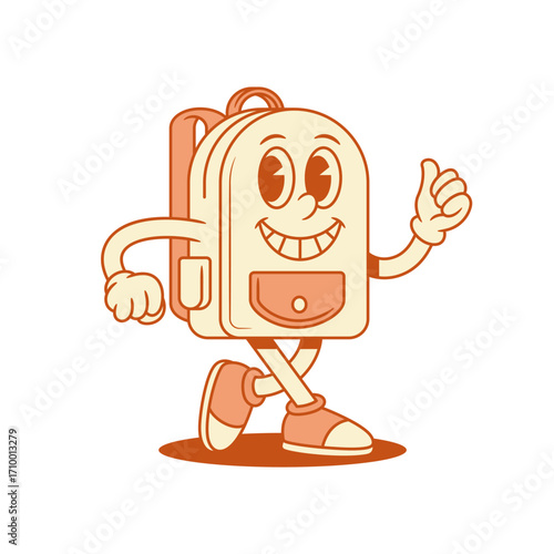 Funny schoolbag backpack cartoon character going isometric vector illustration. Laughing cheerful cute school bag pupil education studying minimalist mascot walking smiling with positive emotion