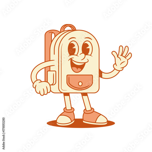 Cute friendly schoolbag backpack cartoon character hi hello isometric vector illustration. Smiling comic funny school bag pupil studying education minimalist mascot greeting welcome waving hand
