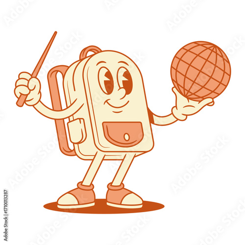 Smiling schoolbag backpack cartoon character with globe and pointer isometric vector illustration. Positive comic school bag pupil education minimalist mascot studying geography cartography global map